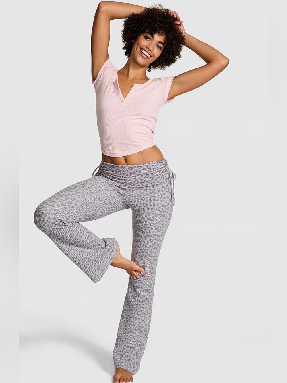 PINK Victoria's Secret Gray and Pink Leopard Waffle Knit Hoodie